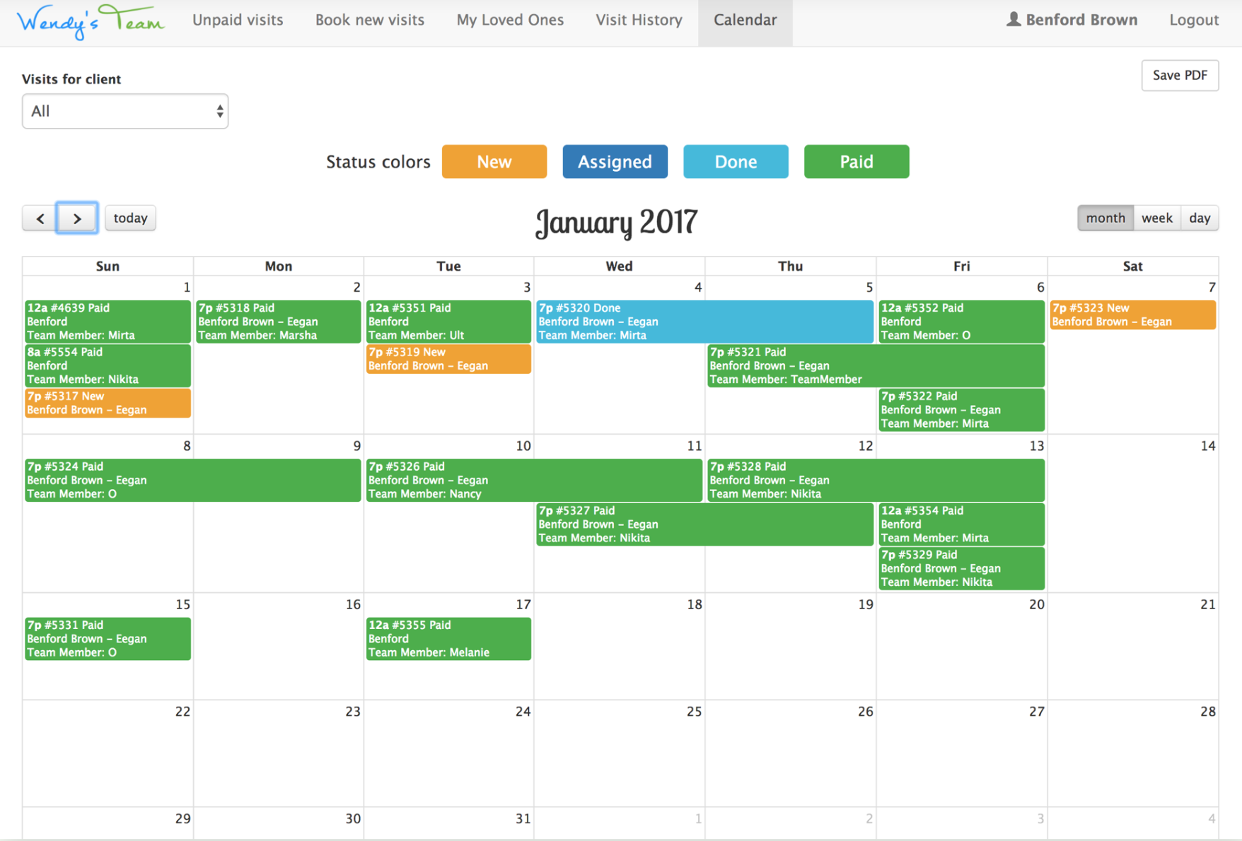 Wendys team home care business management software calendar module